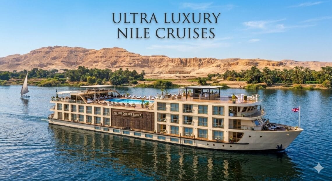 Ultra luxury Nile cruise ship sailing on the river in Egypt