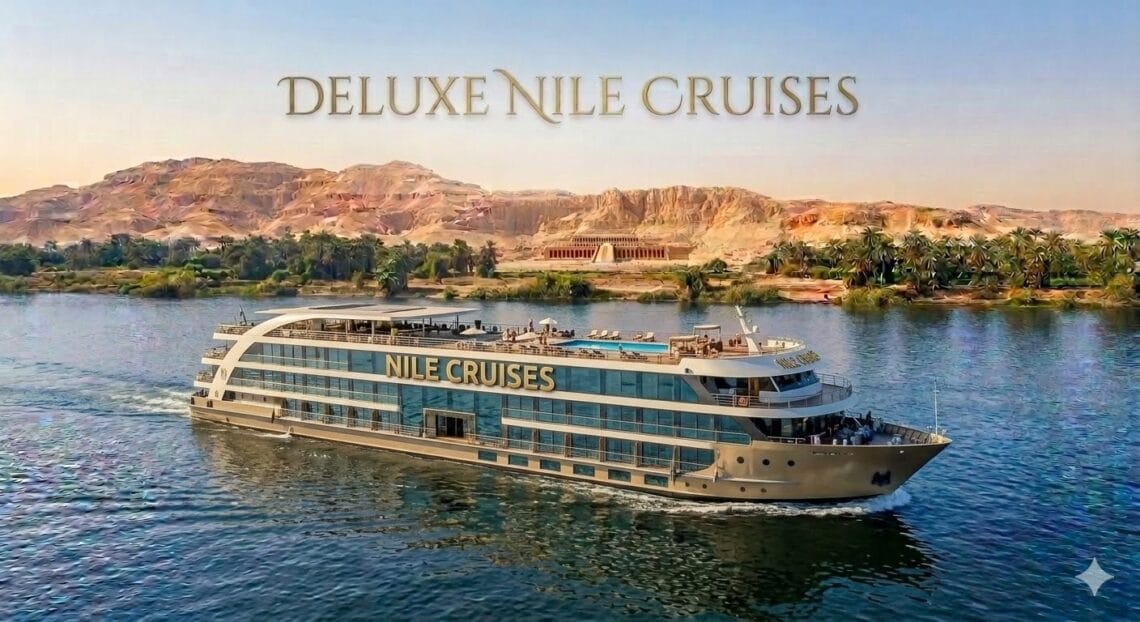 Deluxe Nile cruise ship sailing with mountains background